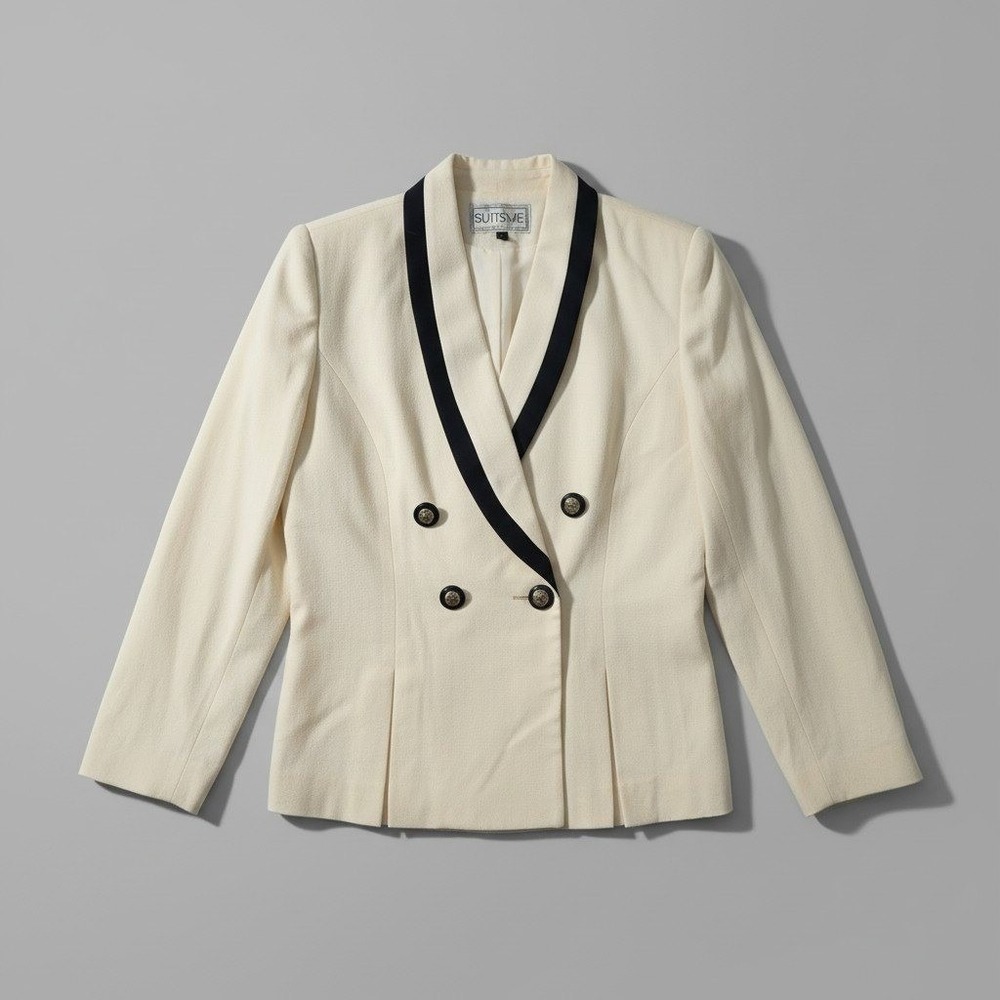 Suitsme Vintage Double Breasted Blazer Ivory Navy Shawl Lapel Made in USA Size 6